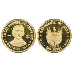 Cuba, proof 100 Pesos, (1977), Carlos Manuel de Cespedes - Grito de Yara, NGC PF 67 Ultra Cameo, ex-