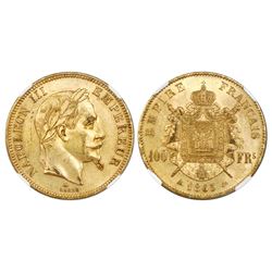 France (Paris mint), 100 francs, 1865-A, Napoleon III, NGC MS 61.