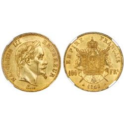 France (Paris mint), 100 francs, 1866-A, Napoleon III, NGC MS 61.