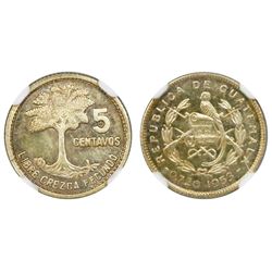 Guatemala, gold off-metal issue 5 centavos, 1953, very rare, NGC MS 64, ex-Richard Stuart.