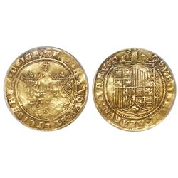 Seville, Spain, double excelente, Ferdinand-Isabel, ermine at top, mintmark S flanked by ringlets at