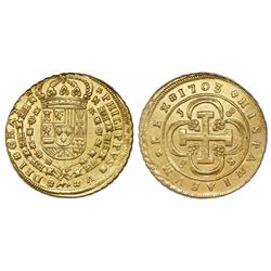 Seville, Spain, milled 8 escudos, Phillip V, 1703J, assayer at top left, mintmark at lower right.