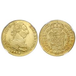 Seville, Spain, bust 2 escudos, Charles III, 1773CF, NGC AU 53, finest known in NGC census.