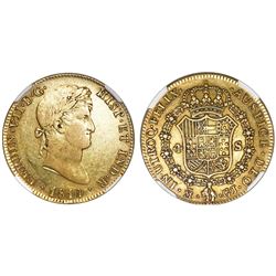 Madrid, Spain, bust 4 escudos, Ferdinand VII, 1814GJ, NGC AU 50.