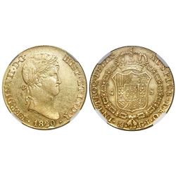 Madrid, Spain, bust 4 escudos, Ferdinand VII, 1820GJ, NGC AU 55.