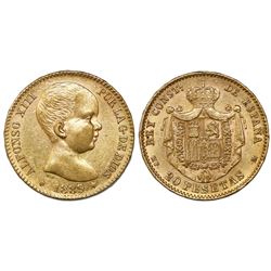 Madrid, Spain, 20 pesetas, Alfonso XIII (infant bust), 1889-MPM, with 18-89 inside six-point stars.