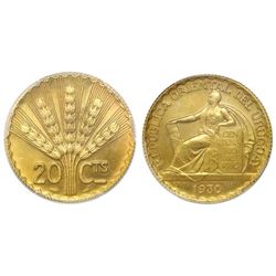 Uruguay (struck at the Paris mint), specimen essai 20 centesimos in gold, 1930, PCGS SP64+.