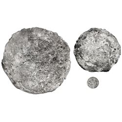 Silver "splash" ingot, 1718 grams, with three crowned-C tax stamps, from the "Golden Fleece wreck" (