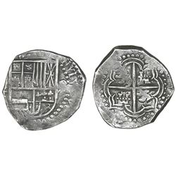 Potosi, Bolivia, cob 8 reales, Philip III, assayer not visible, quadrants of cross transposed, Grade