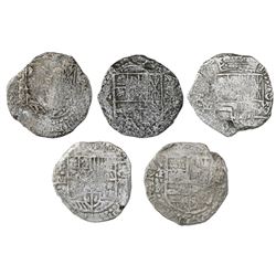 Lot of five Potosi, Bolivia, cob 8 reales, Philip III, various assayers (where visible), Grade 3, wi