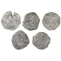 Lot of five Potosi, Bolivia, cob 8 reales, Philip III, various assayers (where visible), Grade 3, wi