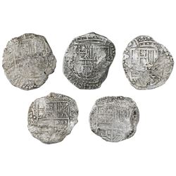 Lot of five Potosi, Bolivia, cob 8 reales, Philip III, various assayers (where visible), Grade 3, wi