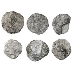 Lot of six Potosi, Bolivia, cob 8 reales, Philip III, various assayers (where visible), Grade 3, wit