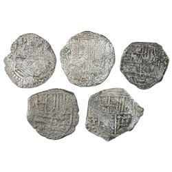 Lot of five Potosi, Bolivia, cob 4 reales, Philip II or III, various assayers (where visible), Grade
