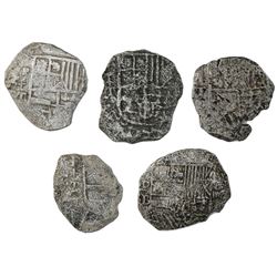 Lot of five Potosi, Bolivia, cob 4 reales, Philip II and III, assayers B (one) and T (four), Grade 4