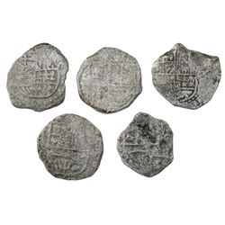 Lot of five Potosi, Bolivia, cob 4 reales, Philip III, assayers not visible, Grade 4, certificates m
