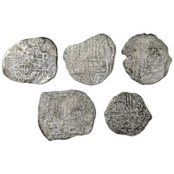 Lot of five Potosi, Bolivia, cob 4 reales, Philip III, assayers not visible, Grade 4, certificates m