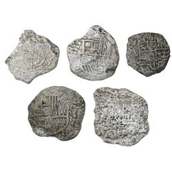 Lot of five Potosi, Bolivia, cob 4 reales, Philip III, assayers not visible, Grade 4, certificates m