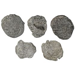 Lot of five Potosi, Bolivia, cob 4 reales, Philip III, assayers not visible, Grade 4, certificates m