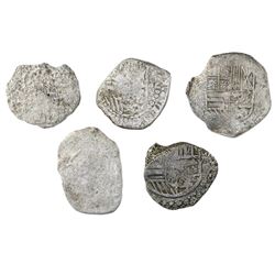 Lot of five Potosi, Bolivia, cob 4 reales, Philip III, assayers not visible, Grade 4, certificates m