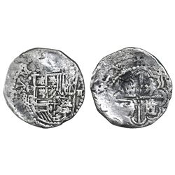 Potosi, Bolivia, cob 2 reales, Philip III, assayer RL (curved leg), Grade 1.