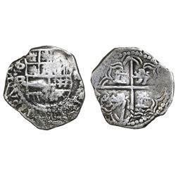 Potosi, Bolivia, cob 2 reales, Philip III, assayer R (curved leg), Grade-1 quality but Grade 2 in da