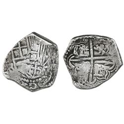 Potosi, Bolivia, cob 2 reales, Philip III, assayer R (curved leg), Grade-1 quality but Grade 2 in da