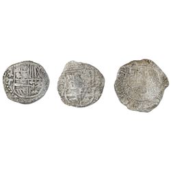 Lot of three Potosi, Bolivia, cob 2 reales, Philip II and III, assayers B and T, Grade 3, certificat