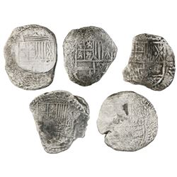 Lot of five Potosi, Bolivia, cob 8 reales, Philip III, various assayers (where visible), Grade 3, ce