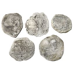 Lot of five Potosi, Bolivia, cob 8 reales, Philip III, various assayers (where visible), Grade 3, ce