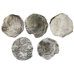 Lot of five Potosi, Bolivia, cob 8 reales, Philip III, various assayers (where visible), Grade 3, ce