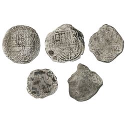 Lot of five Potosi, Bolivia, cob 8 reales, Philip III, various assayers (where visible), Grade 3, ce