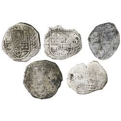 Lot of five Potosi, Bolivia, cob 8 reales, Philip III, various assayers (where visible), Grade 3, ce