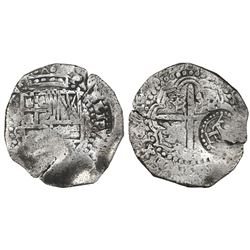 Potosi, Bolivia, cob 8 reales, 1649O, with two countermarks (crowned-L and crowned-dot-T-dot) on cro