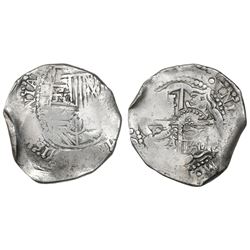 Potosi, Bolivia, cob 8 reales, (1651-2)E, with crown-alone countermark (rare variety) on cross.