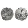 Image 1 : Potosi, Bolivia, cob 8 reales, (1649-52)(O or E), with two crowned-O countermarks on shield (rare).