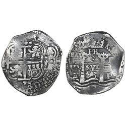Potosi, Bolivia, cob 8 reales, 1653E, with PH at top.