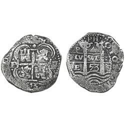 Potosi, Bolivia, cob 4 reales, 1653E, dot-PH-dot at top.