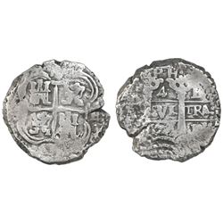 Potosi, Bolivia, cob 4 reales, 1653E, dot-PH-dot at top.