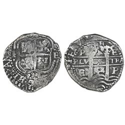 Potosi, Bolivia, cob 4 reales, 1654E, rotated-4 denomination (very rare), PH at top.