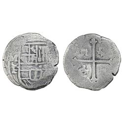 Mexico City, Mexico, cob 1 real, Philip II, assayer oF below mintmark M to left, rare.