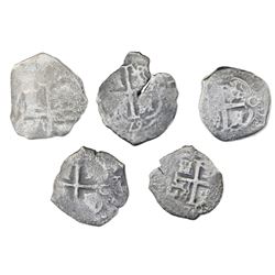 Lot of five Potosi, Bolivia, cob 4 reales, Charles II, assayers C and V, various dates (where visibl
