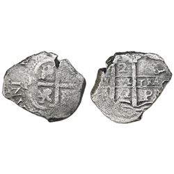 Potosi, Bolivia, cob 2 reales, 1672E.