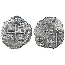 Potosi, Bolivia, cob 2 reales, 1677E.