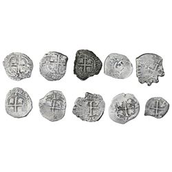 Lot of ten Potosi, Bolivia, cob 1R, Philip IV and Charles II, various dates and assayers.