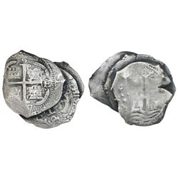 Clump of three Potosi, Bolivia, cob 8 reales, dated 1663E, 1677E and 1679 (assayer not visible), ex-