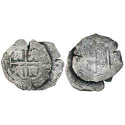 Clump of two Potosi, Bolivia, cob 8 reales, one 1679C and the other with date and assayer not visibl