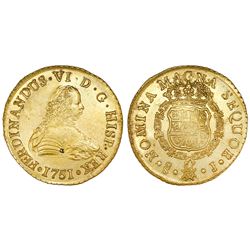 Santiago, Chile, gold bust 8 escudos, Ferdinand VI, 1751J, in promotional box with replica ingot.