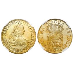 Santiago, Chile, bust 4 escudos, Ferdinand VI, 1750/5J, NGC UNC details / saltwater damage / La Luz.