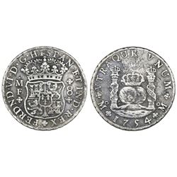 Mexico City, Mexico, pillar 8 reales, Ferdinand VI, 1754MF, crowns alike.